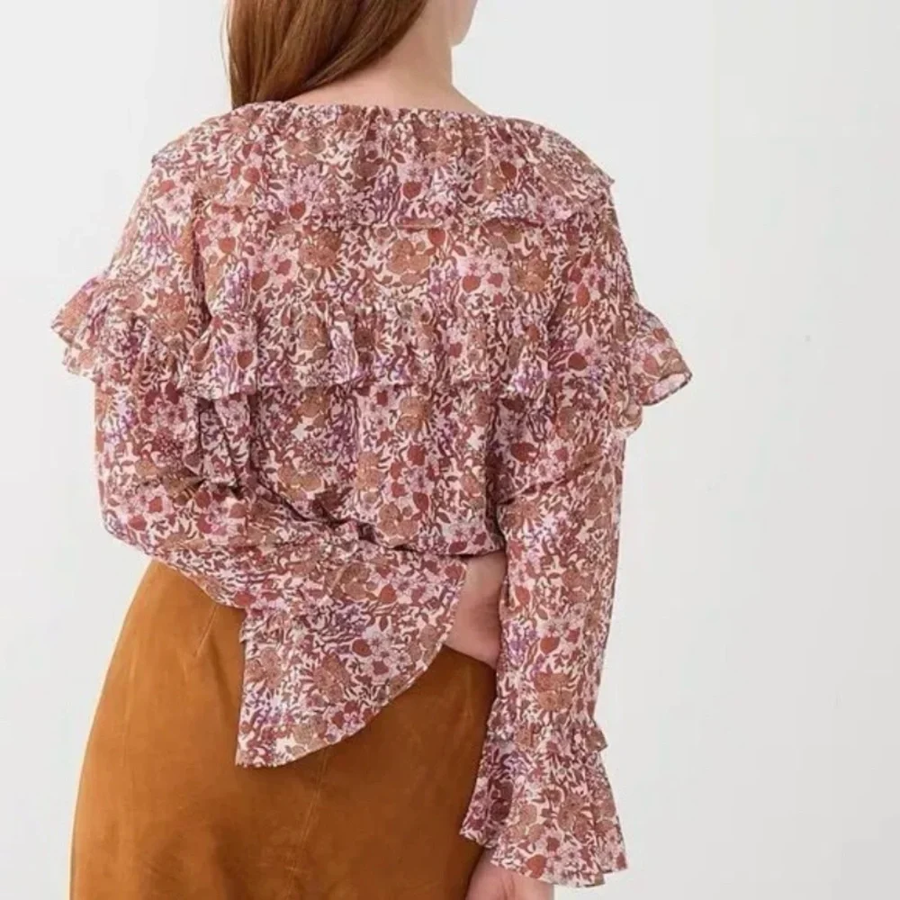 J.Crew Floral Ruffle Chiffon Peasant Blouse Boho Fairy Bell Sleeve XS